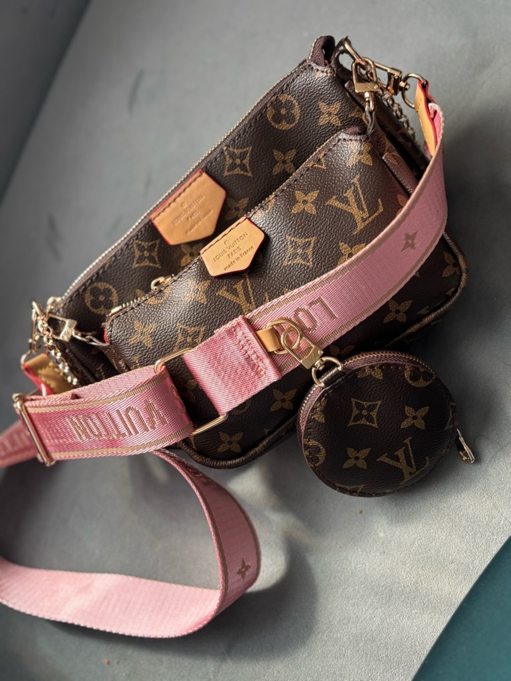 Luxury Monogram Multi-Pochette Crossbody with Pink Strap 3 in 1